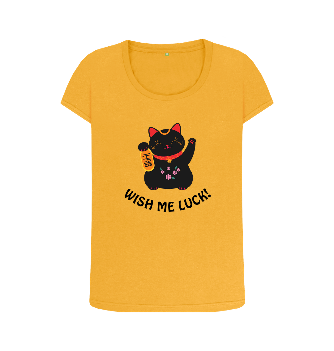 Mustard Lucky maneki-neko cat - scoop neck t-shirt