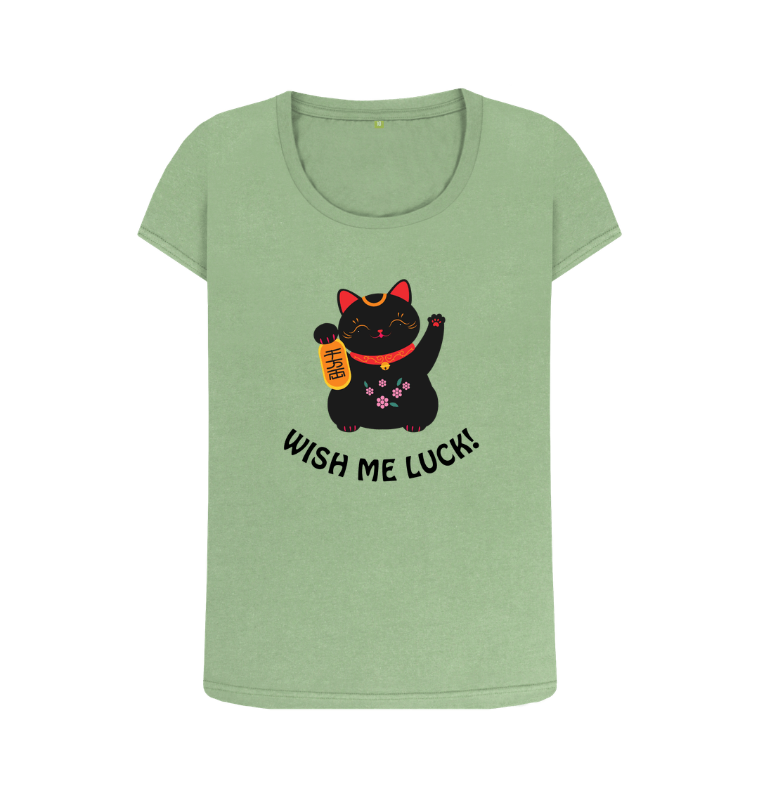 Sage Lucky maneki-neko cat - scoop neck t-shirt